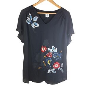 cabi‎ Womens Black Floral Print V Neck Short Sleeve Blouse Top Large Career Wear